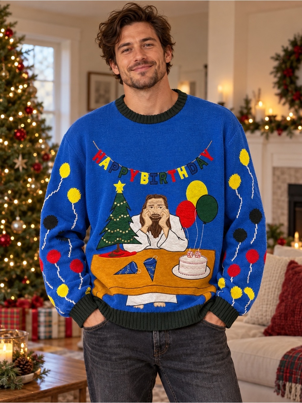 Blizzard Bay XXL Happy Birthday Jesus Ugly Christmas Sweater Cozy Oversized